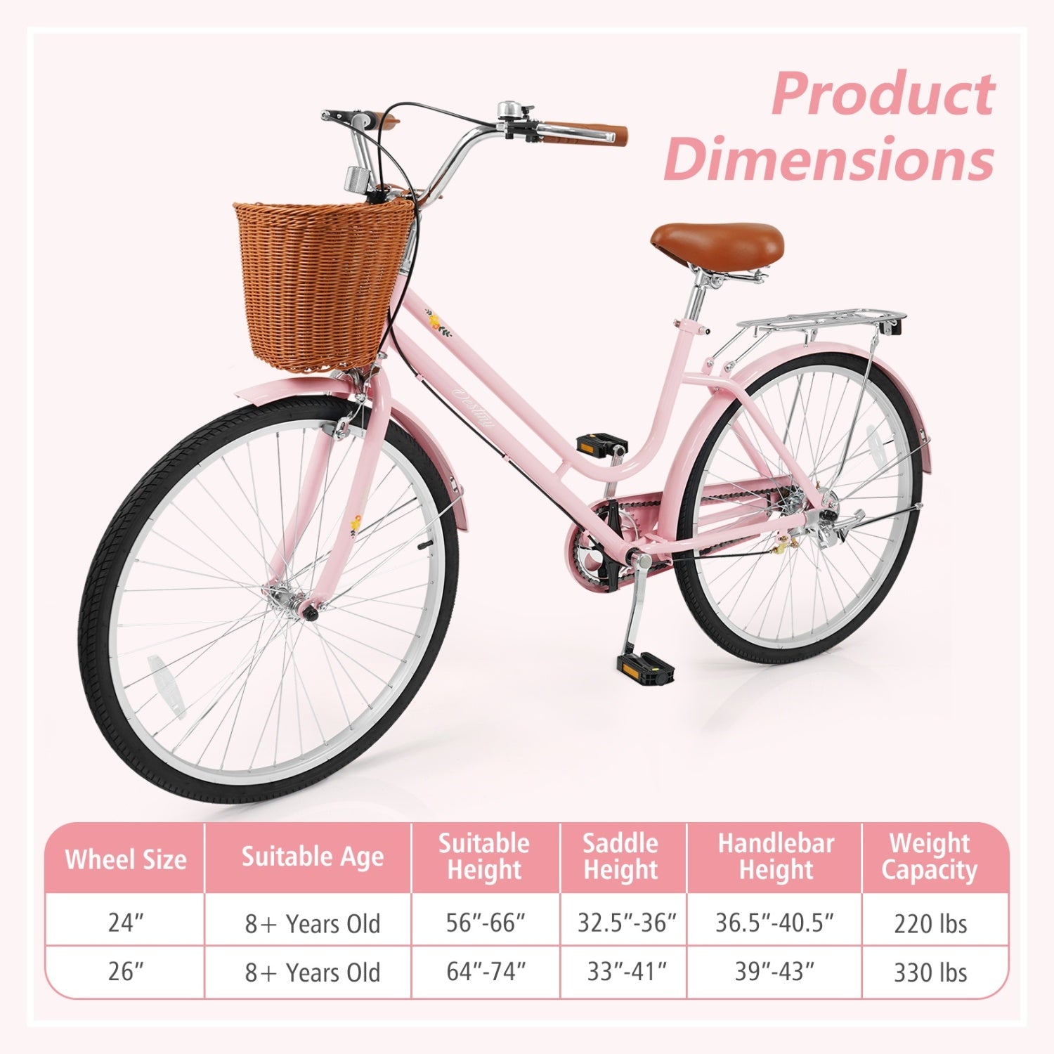 26 Inch Beach Cruiser Bike for Women with Woven Basket and Rear Rack - Pink, Pink Kids Bike at Gallery Canada