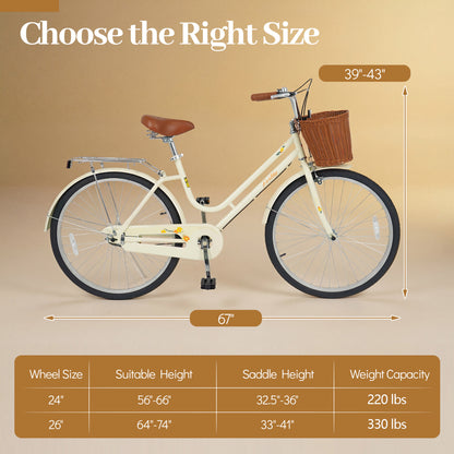 26 Inch Beach Cruiser Bike for Women with Woven Basket and Rear Rack - Beige, Beige Kids Bike at Gallery Canada