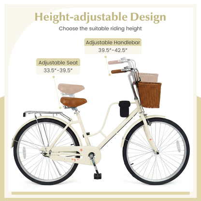 26-Inch Beach Cruiser Bike, Cup Holder, Woven Basket, Beige