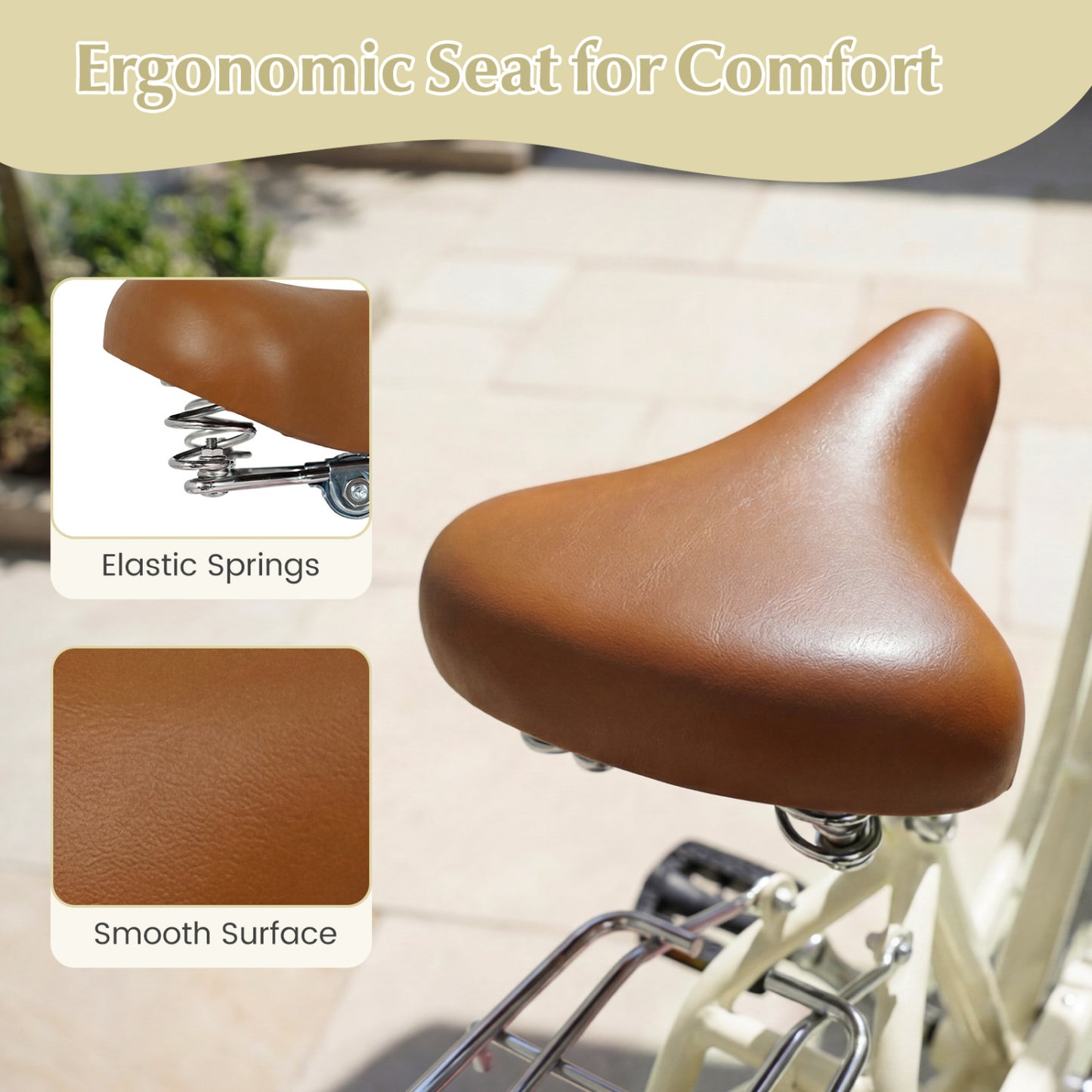 26-Inch Beach Cruiser Bike, Cup Holder, Woven Basket, Beige