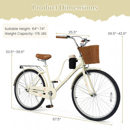 26-Inch Beach Cruiser Bike, Cup Holder, Woven Basket, Beige
