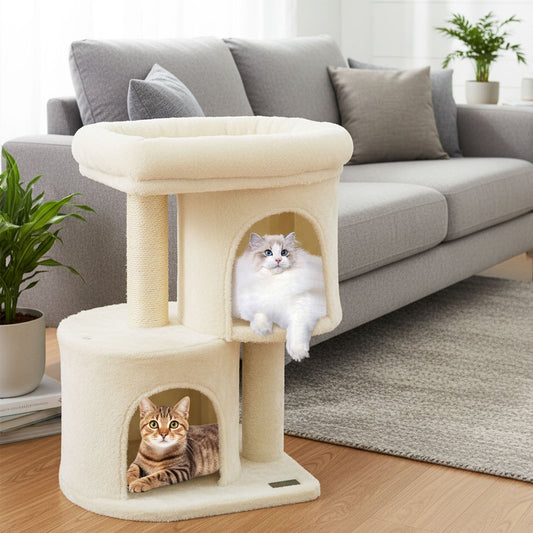 26 Inch Cat Tower with Large Padded Push Perch and Dual Condos, Beige Cat Trees Condos & Scratchers Beige at Gallery Canada
