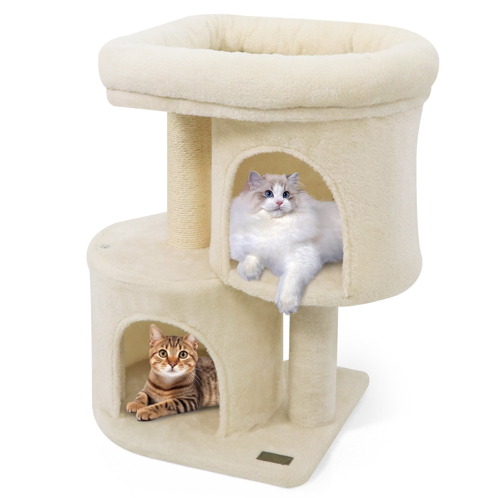 26 Inch Cat Tower with Large Padded Push Perch and Dual Condos, Beige