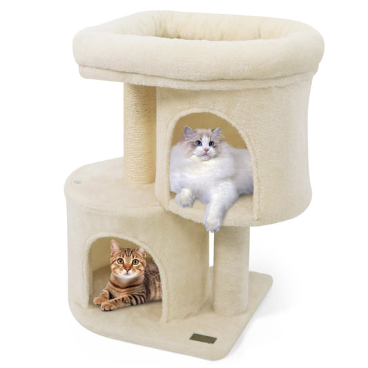 26 Inch Cat Tower with Large Padded Push Perch and Dual Condos, Beige Cat Trees Condos & Scratchers Beige at Gallery Canada