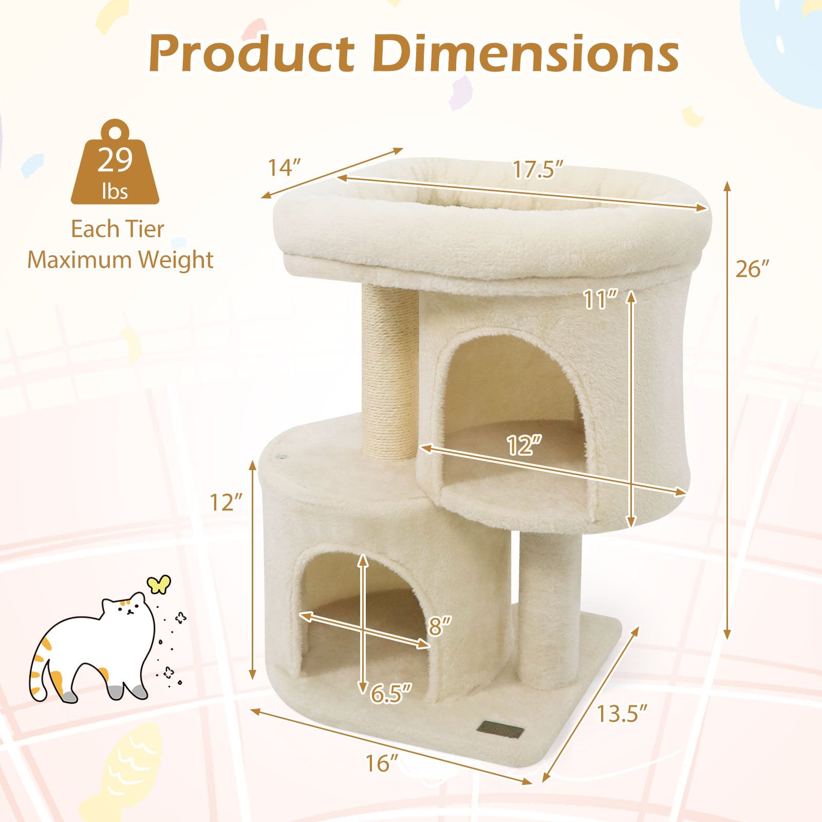 26 Inch Cat Tower with Large Padded Push Perch and Dual Condos, Beige Cat Trees Condos & Scratchers at Gallery Canada