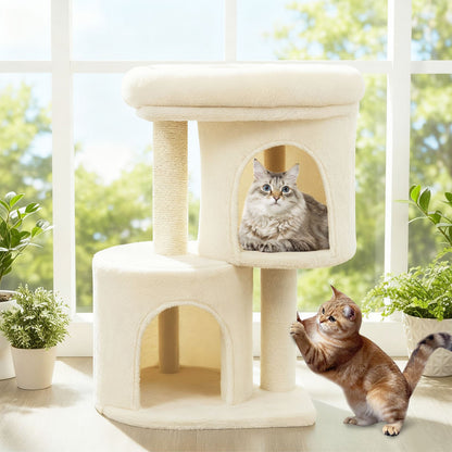 26 Inch Cat Tower with Large Padded Push Perch and Dual Condos, Beige Cat Trees Condos & Scratchers at Gallery Canada