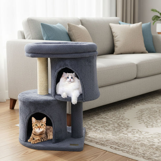 26 Inch Cat Tower with Large Padded Push Perch and Dual Condos, Dark Gray Cat Trees Condos & Scratchers Dark Gray at Gallery Canada