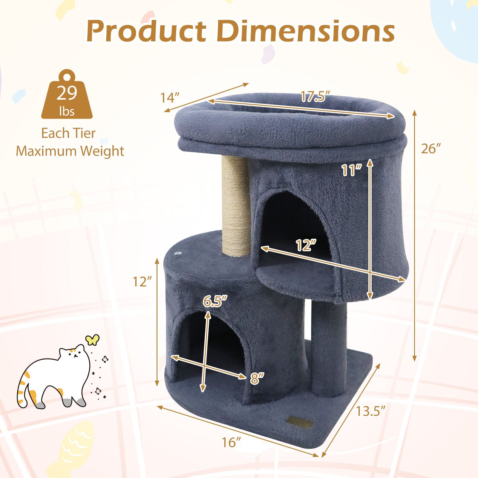26 Inch Cat Tower with Large Padded Push Perch and Dual Condos, Dark Gray Cat Trees Condos & Scratchers at Gallery Canada
