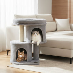 26 Inch Cat Tower with Large Padded Push Perch and Dual Condos, Light Gray