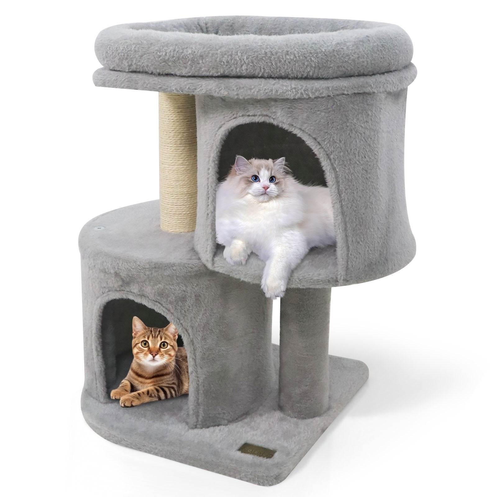 26 Inch Cat Tower with Large Padded Push Perch and Dual Condos, Light Gray