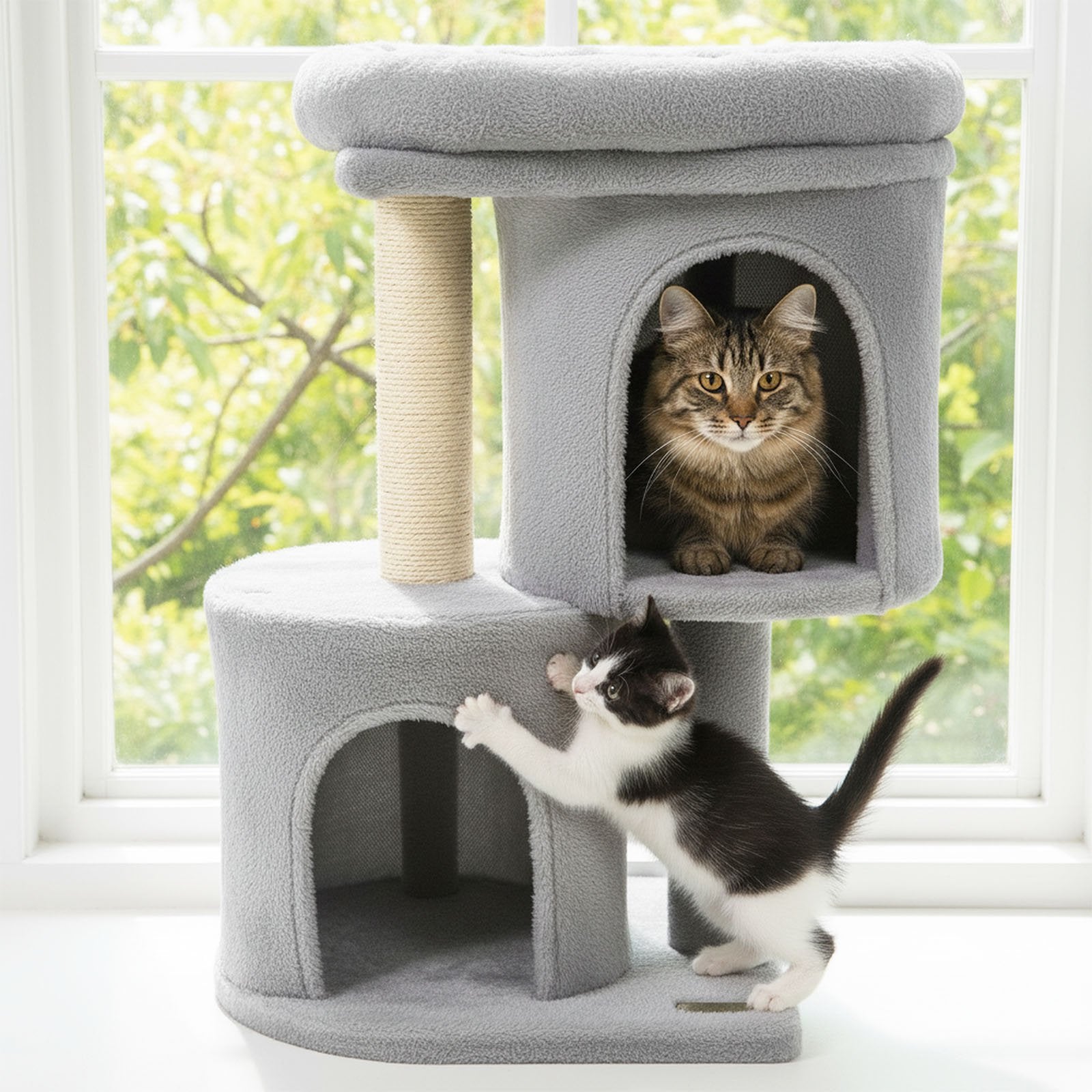 26 Inch Cat Tower with Large Padded Push Perch and Dual Condos, Light Gray Cat Trees Condos & Scratchers at Gallery Canada