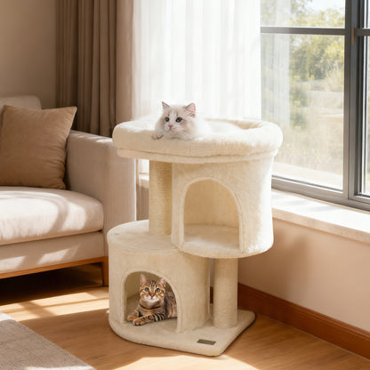 26 Inch Cat Tower with Large Padded Push Perch and Dual Condos, Beige Cat Trees Condos & Scratchers at Gallery Canada