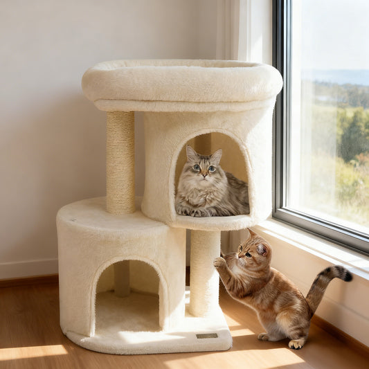 26 Inch Cat Tower with Large Padded Push Perch and Dual Condos, Beige Cat Trees Condos & Scratchers Beige at Gallery Canada