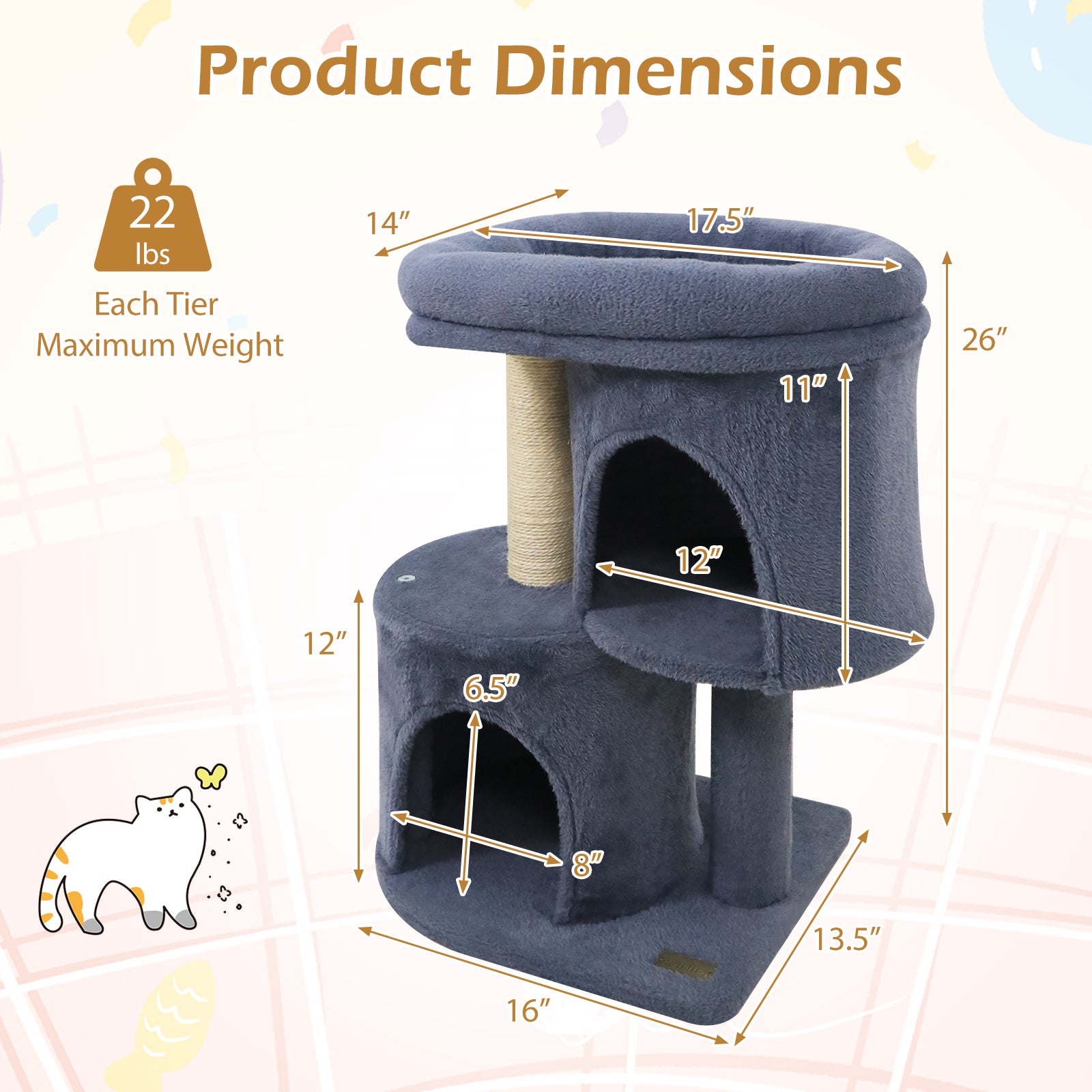 26 Inch Cat Tower with Large Padded Push Perch and Dual Condos, Dark Gray Cat Trees Condos & Scratchers at Gallery Canada