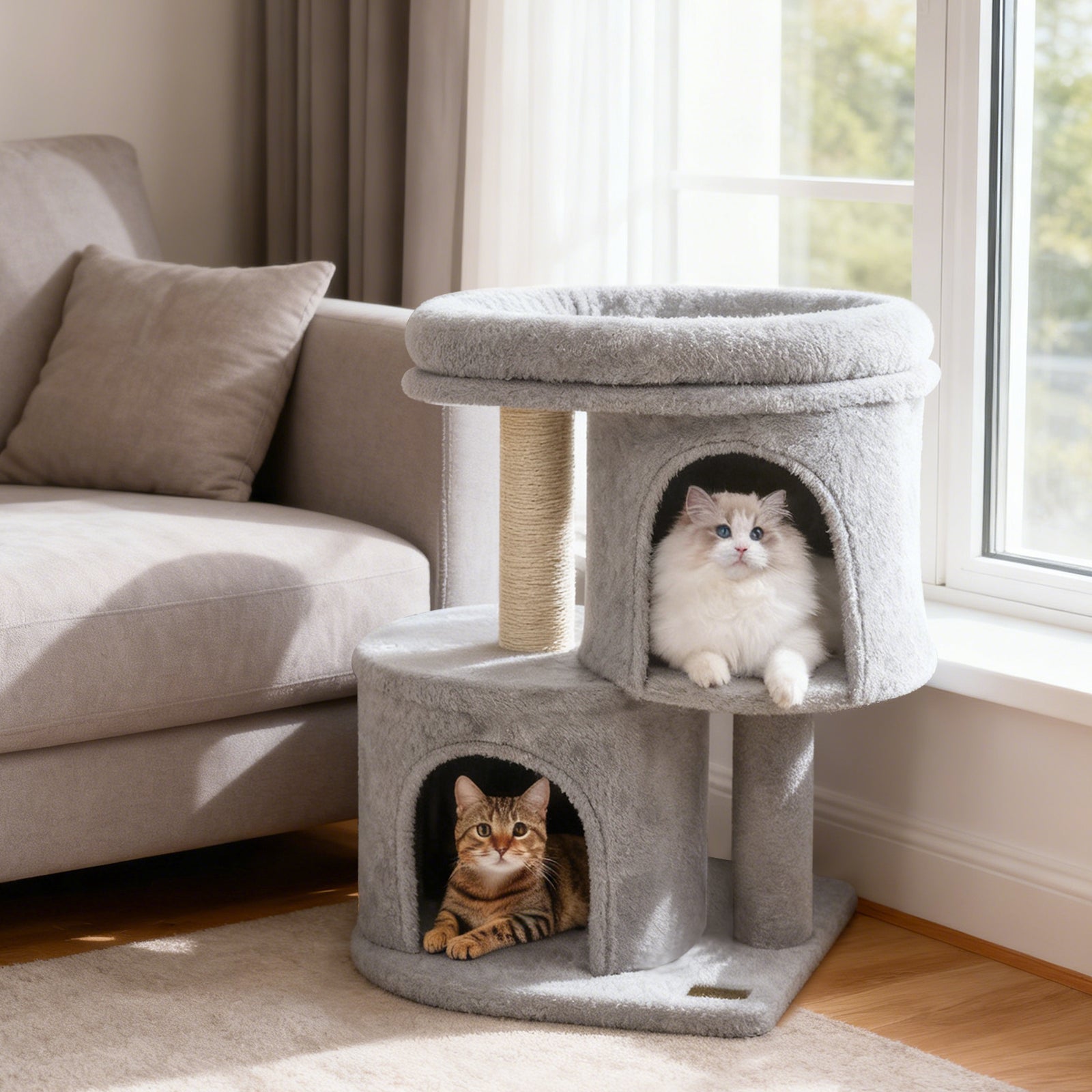26 Inch Cat Tower with Large Padded Push Perch and Dual Condos, Light Gray Cat Trees Condos & Scratchers at Gallery Canada