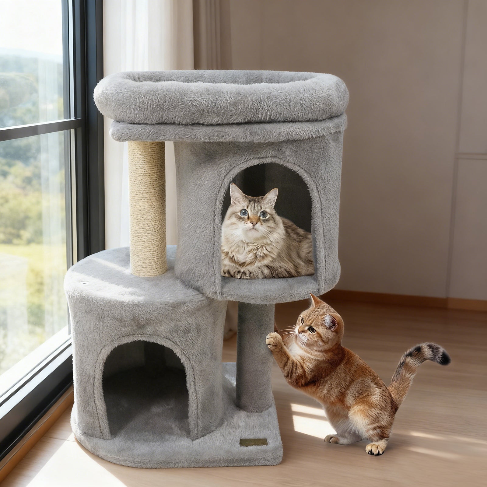 26 Inch Cat Tower with Large Padded Push Perch and Dual Condos, Light Gray Cat Trees Condos & Scratchers at Gallery Canada