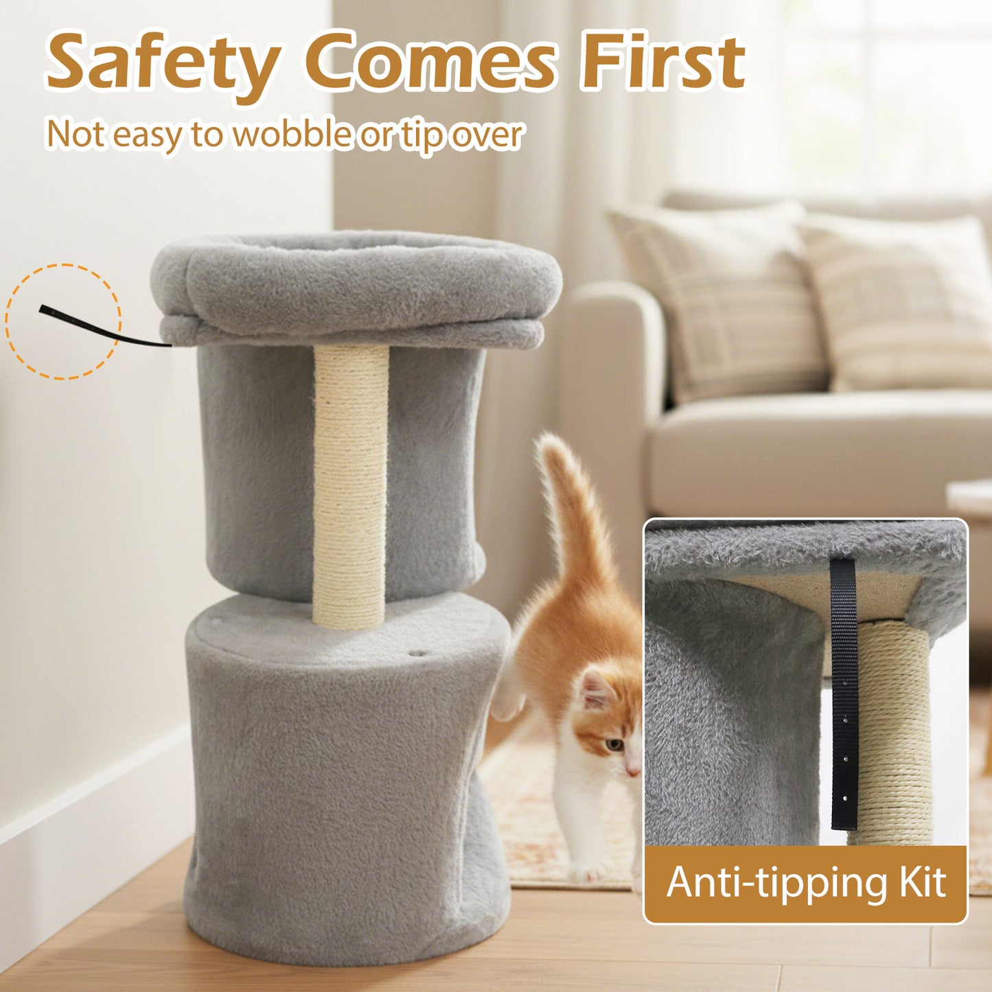 26 Inch Cat Tower with Large Padded Push Perch and Dual Condos, Light Gray Cat Trees Condos & Scratchers at Gallery Canada