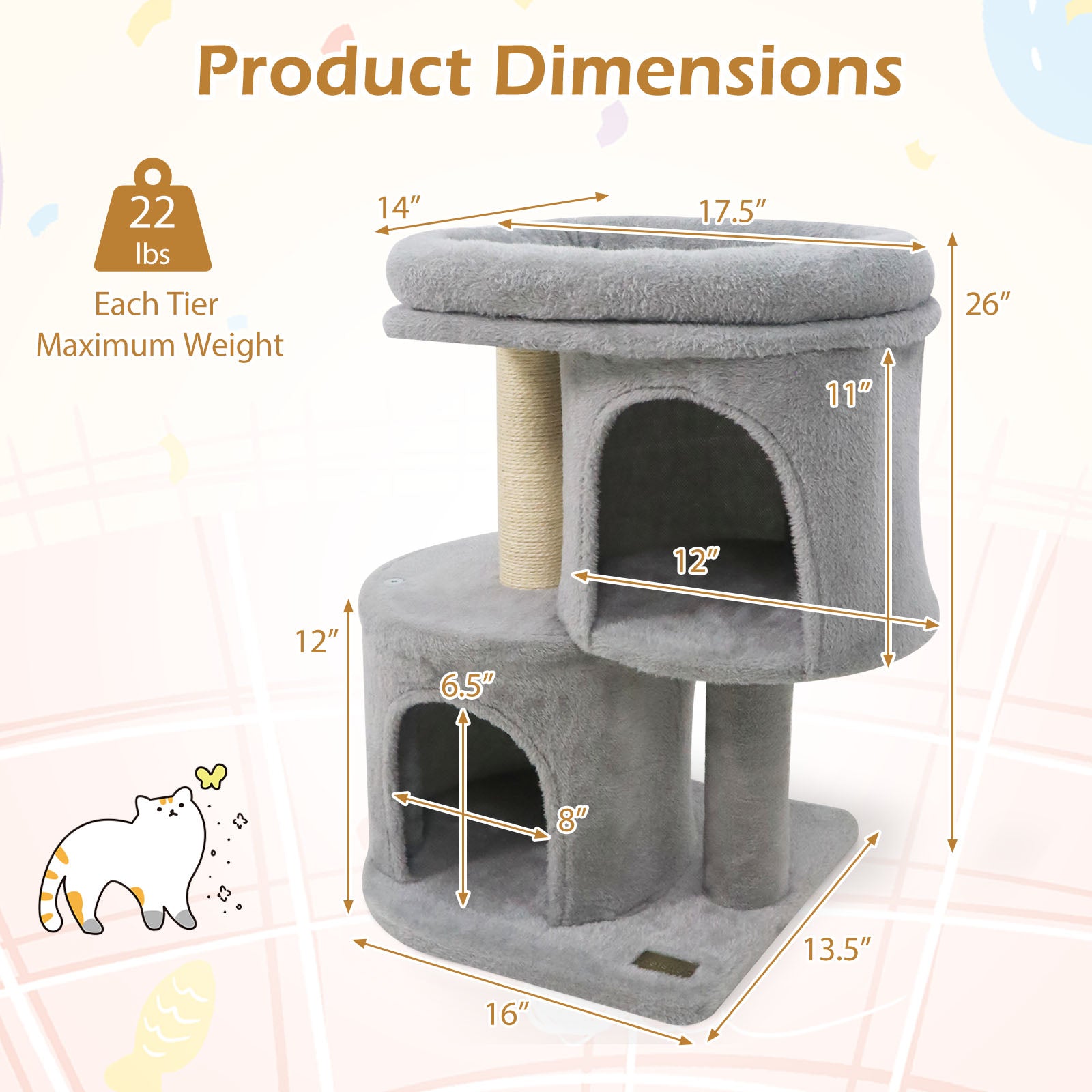26 Inch Cat Tower with Large Padded Push Perch and Dual Condos, Light Gray Cat Trees Condos & Scratchers at Gallery Canada
