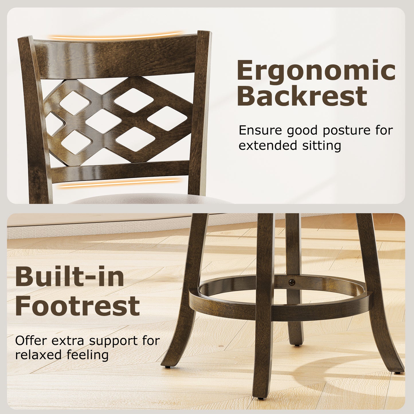 26 Inch Counter Height Bar Stools Set of 2 with Rubber Wood Frame, Brown Bar Stools at Gallery Canada
