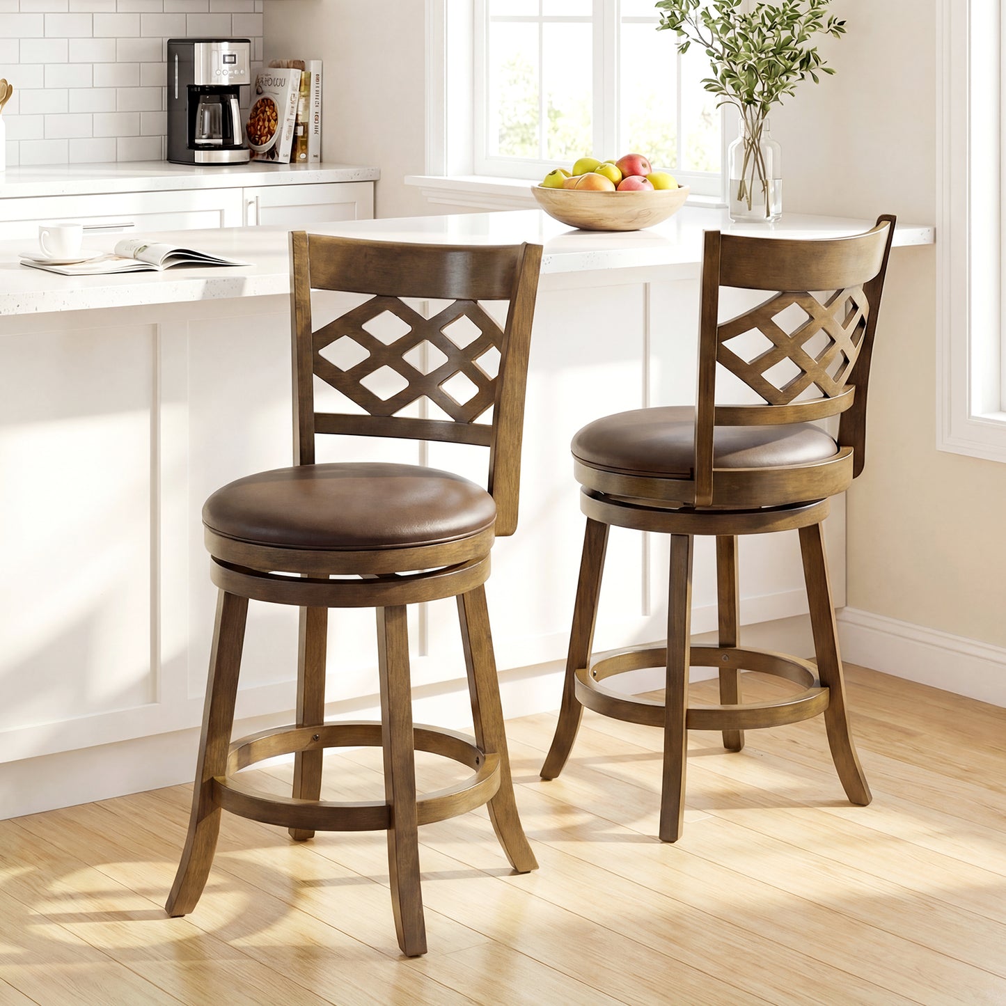 26 Inch Counter Height Bar Stools Set of 2 with Rubber Wood Frame, Brown Bar Stools at Gallery Canada