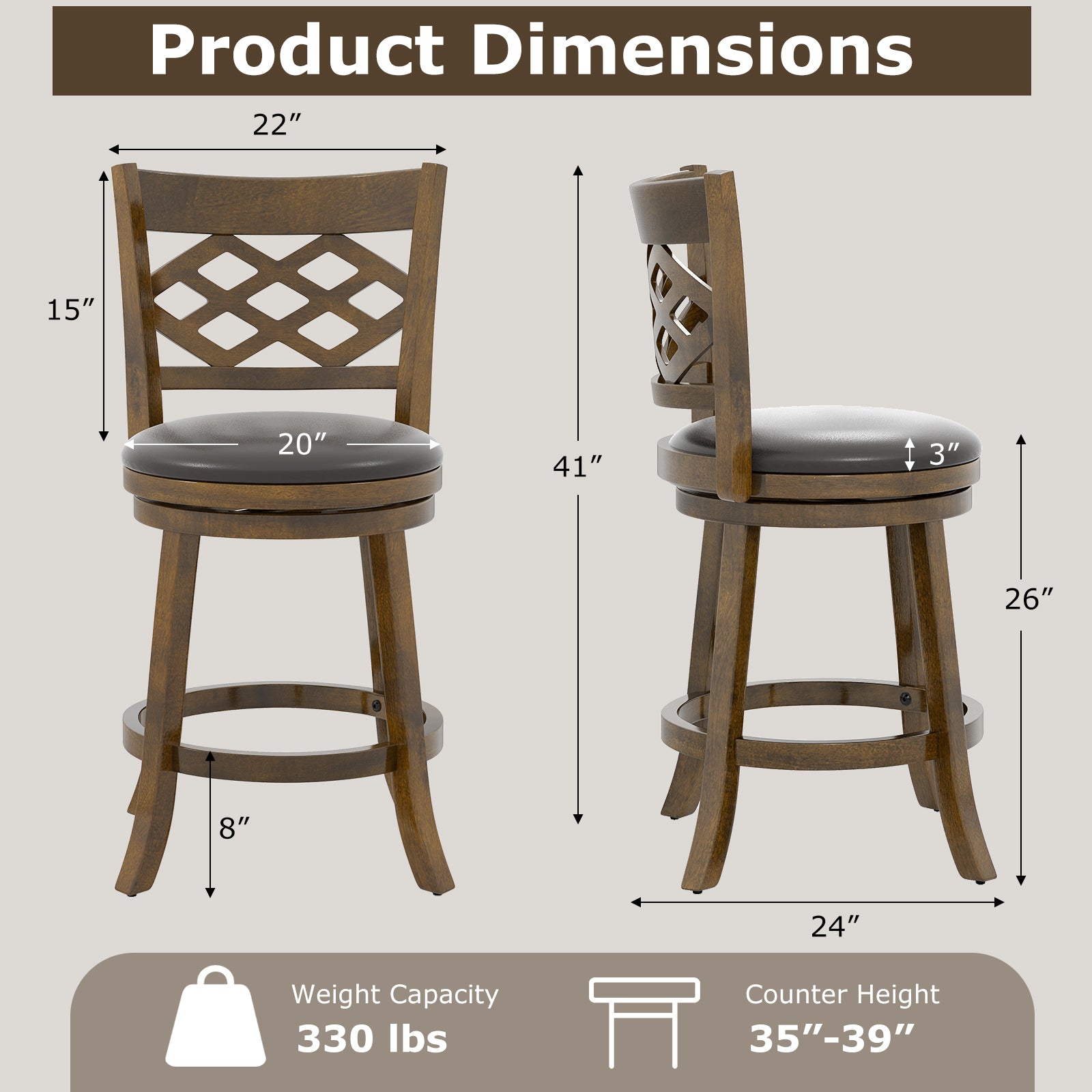 26 Inch Counter Height Bar Stools Set of 2 with Rubber Wood Frame, Brown Bar Stools at Gallery Canada