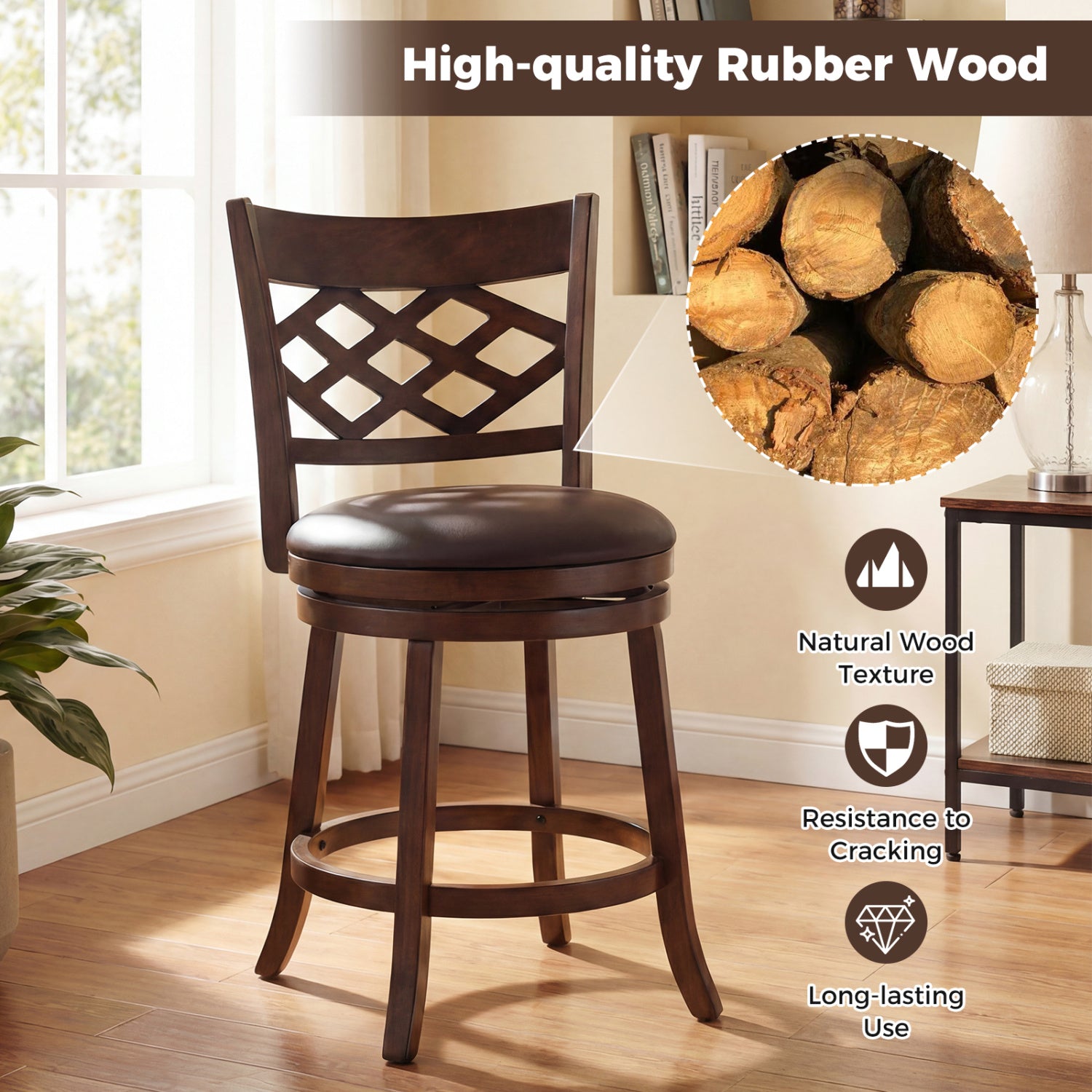 26 Inch Counter Height Bar Stools Set of 2 with Rubber Wood Frame, Brown Bar Stools at Gallery Canada