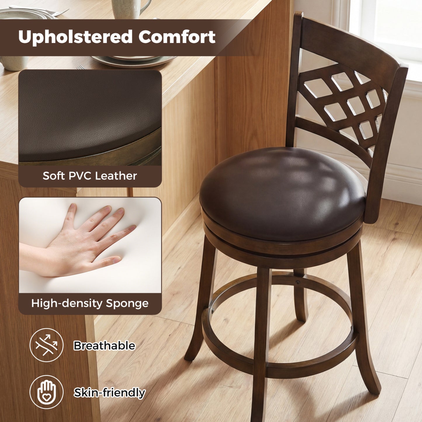 26 Inch Counter Height Bar Stools Set of 2 with Rubber Wood Frame, Brown Bar Stools at Gallery Canada