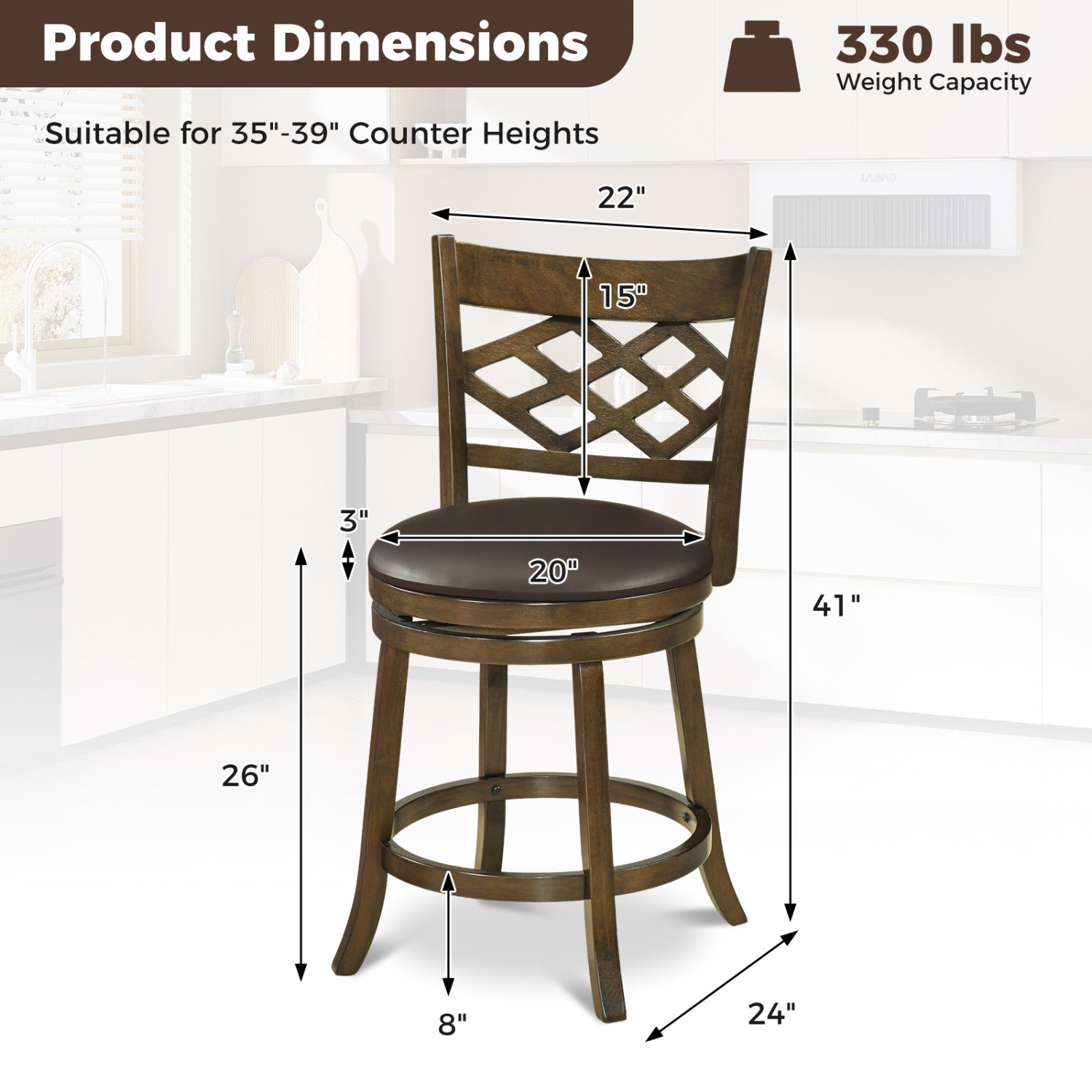 26 Inch Counter Height Bar Stools Set of 2 with Rubber Wood Frame, Brown Bar Stools at Gallery Canada