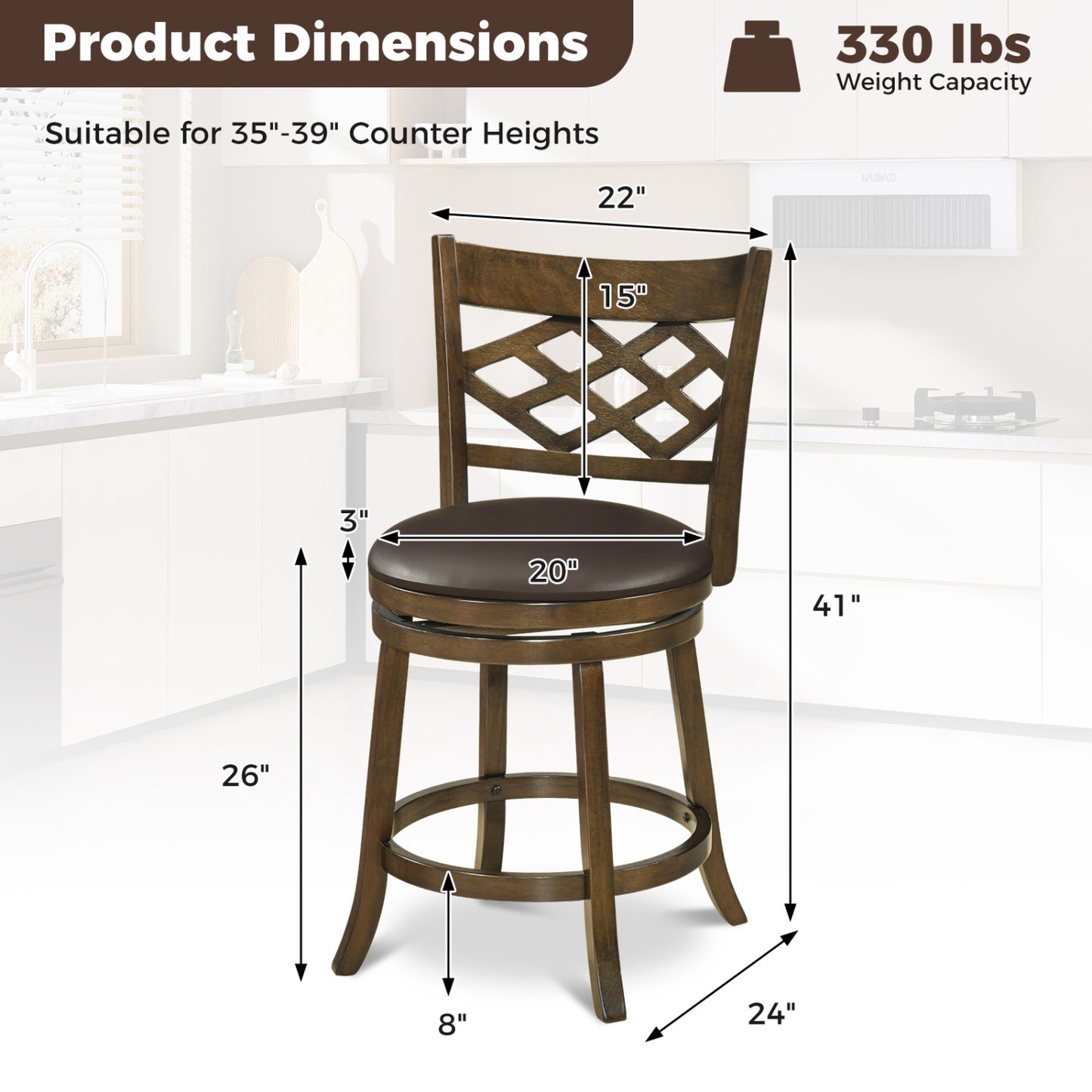 26 Inch Counter Height Bar Stools Set of 2 with Rubber Wood Frame, Brown Bar Stools at Gallery Canada