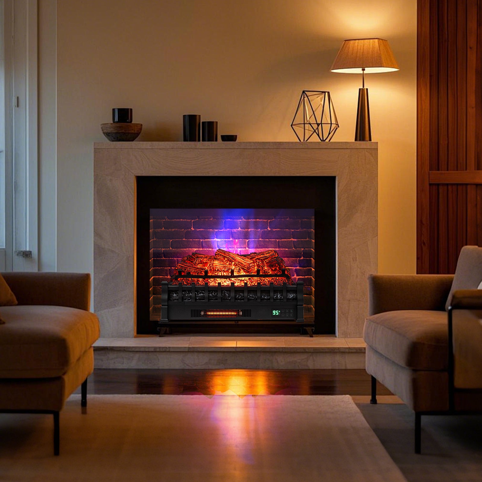 26 Inch WiFi Infrared Quartz Electric Fireplace Insert Logs Heater with Realistic Pinewood Logs, Black Fireplaces at Gallery Canada