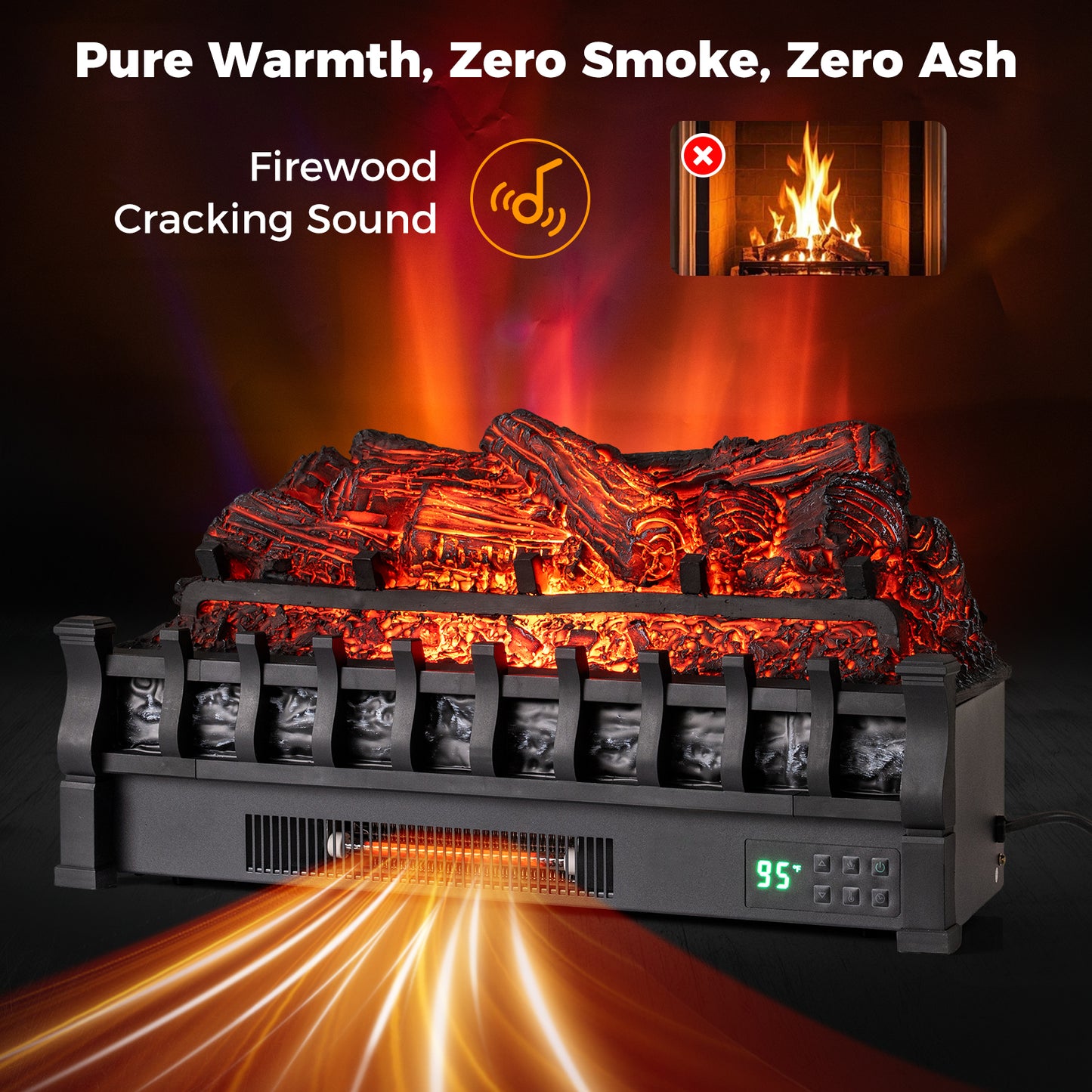 26 Inch WiFi Infrared Quartz Electric Fireplace Insert Logs Heater with Realistic Pinewood Logs, Black Fireplaces at Gallery Canada