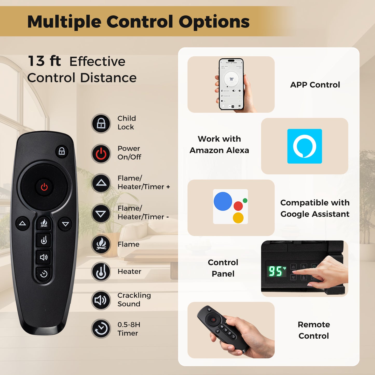 26 Inch WiFi Infrared Quartz Electric Fireplace Insert Logs Heater with Realistic Pinewood Logs, Black Fireplaces at Gallery Canada