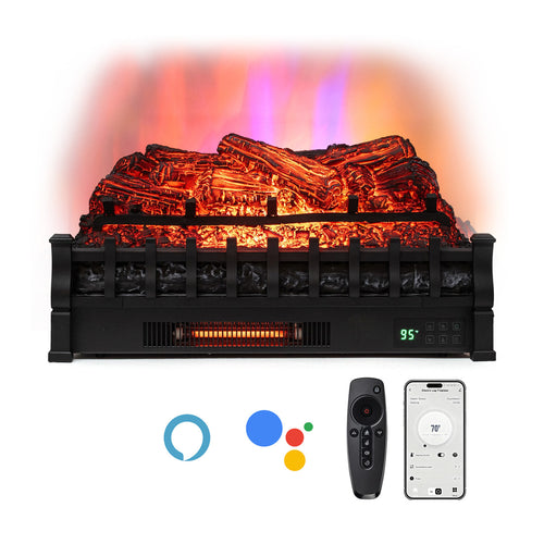 26 Inch WiFi Infrared Quartz Electric Fireplace Insert Logs Heater with Realistic Pinewood Logs, Black