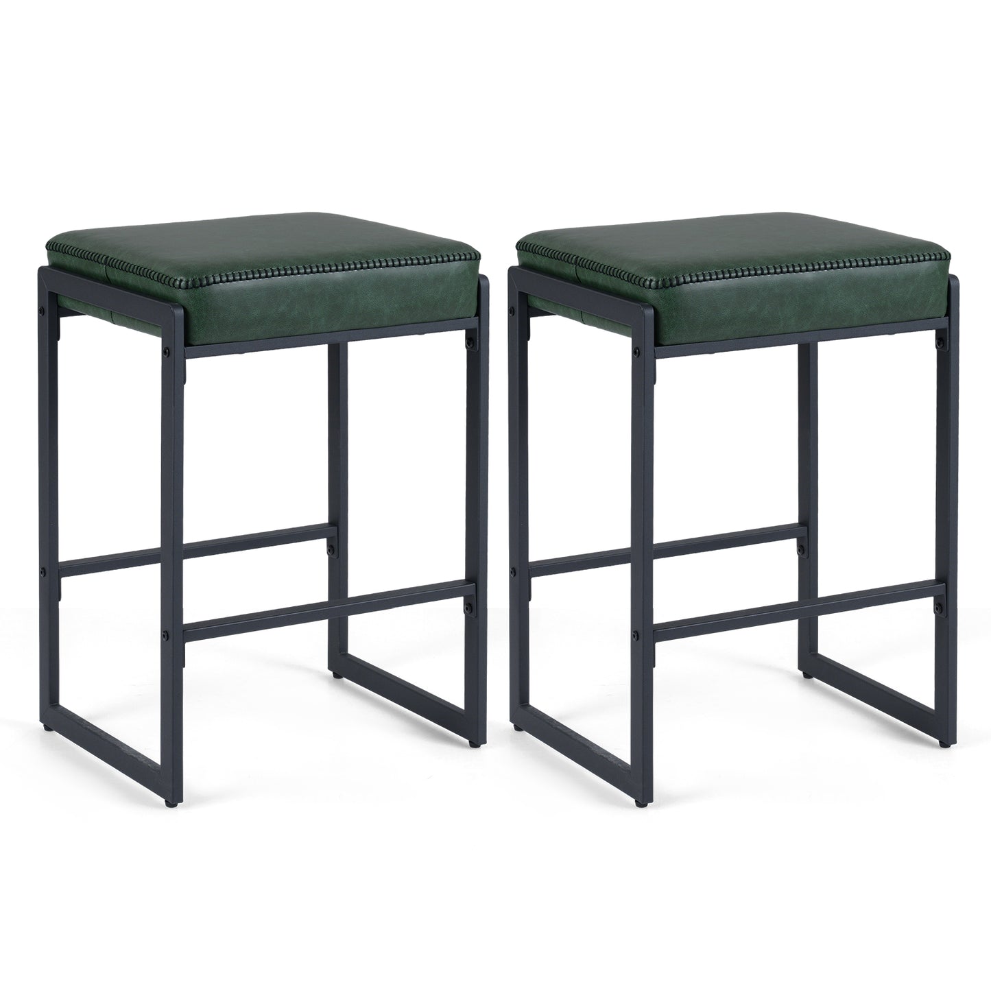 26 inch Bar Stools Set of 2 Counter Height Barstools with Faux Leather Upholstered Seat, Green