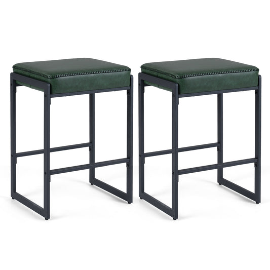 26 inch Bar Stools Set of 2 Counter Height Barstools with Faux Leather Upholstered Seat, Green