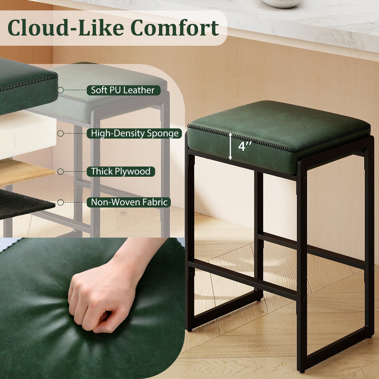 26 inch Bar Stools Set of 4 Counter Height Barstools with Faux Leather Upholstered Seat, Green Bar Stools at Gallery Canada