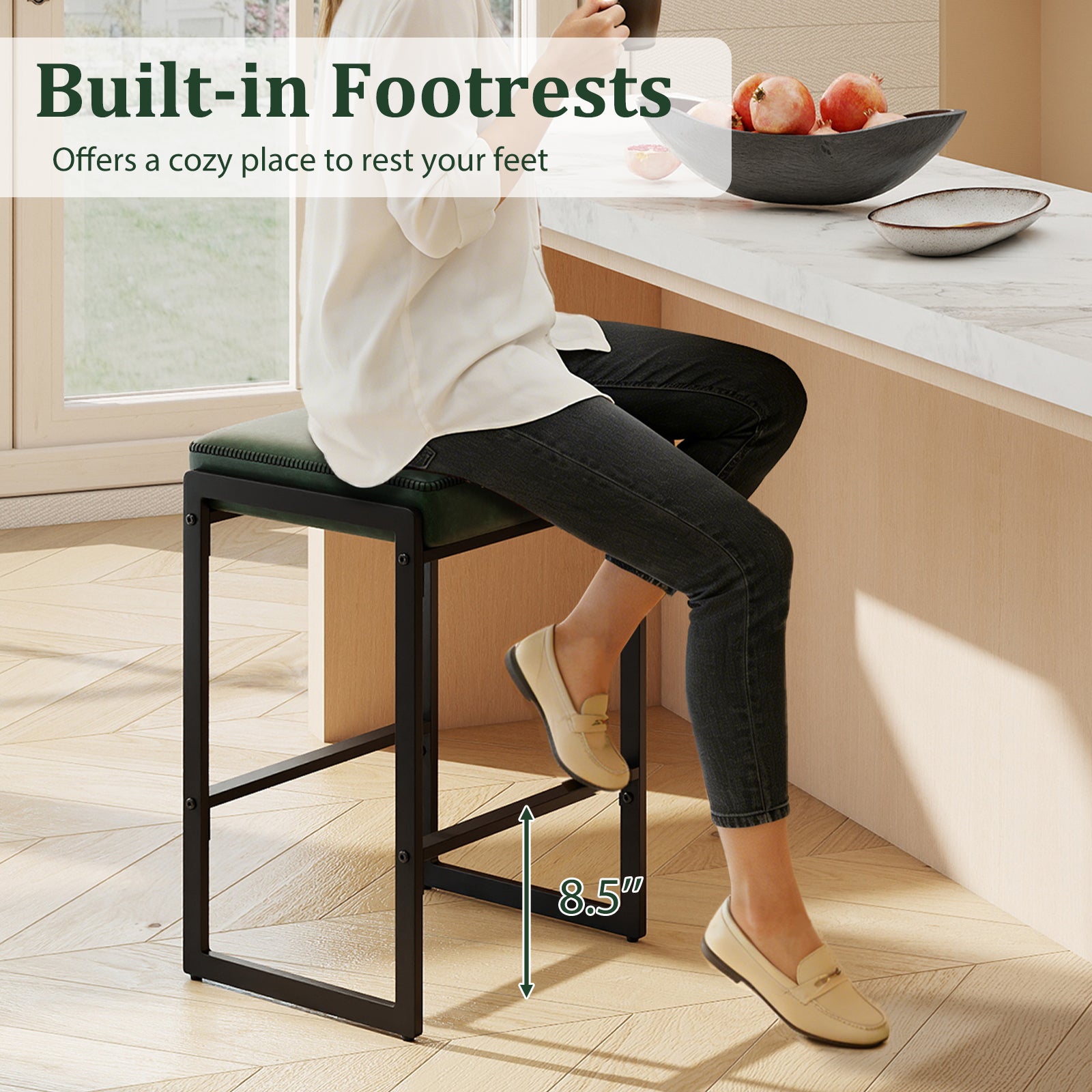 26 inch Bar Stools Set of 4 Counter Height Barstools with Faux Leather Upholstered Seat, Green Bar Stools at Gallery Canada