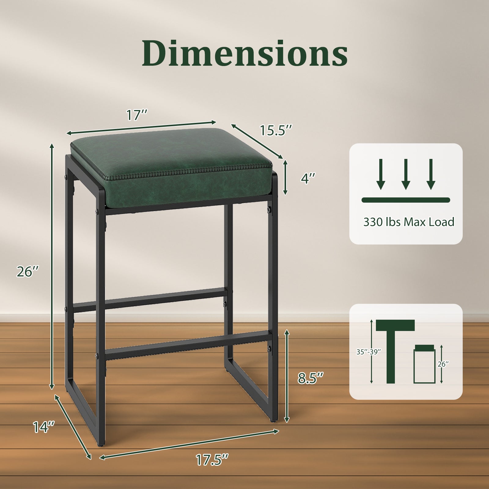 26 inch Bar Stools Set of 4 Counter Height Barstools with Faux Leather Upholstered Seat, Green Bar Stools at Gallery Canada