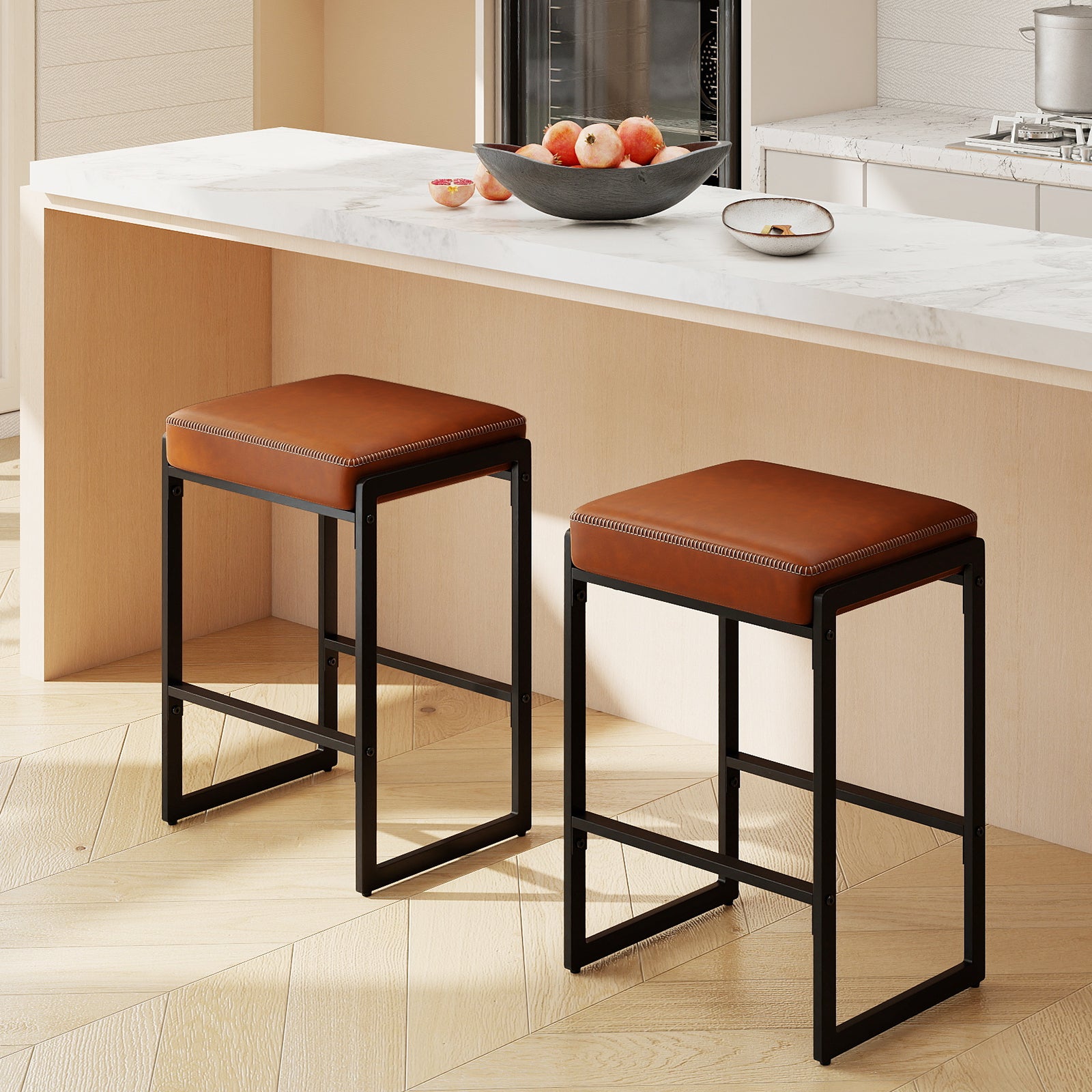 26 Inch Counter Bar Stools Set of 2, Faux Leather, Brown Bar Stools at Gallery Canada