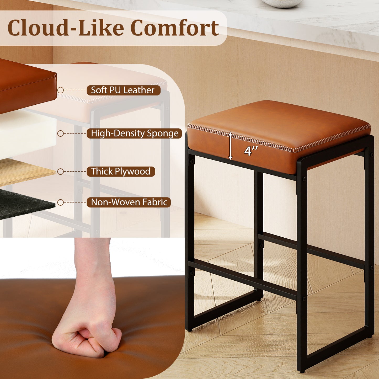 26 Inch Counter Bar Stools Set of 2, Faux Leather, Brown Bar Stools at Gallery Canada