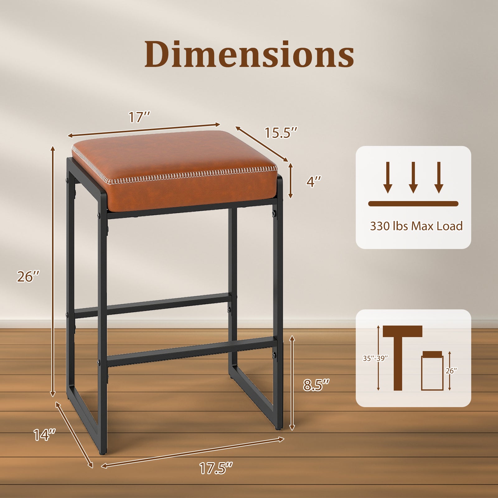 26 Inch Counter Bar Stools Set of 2, Faux Leather, Brown Bar Stools at Gallery Canada