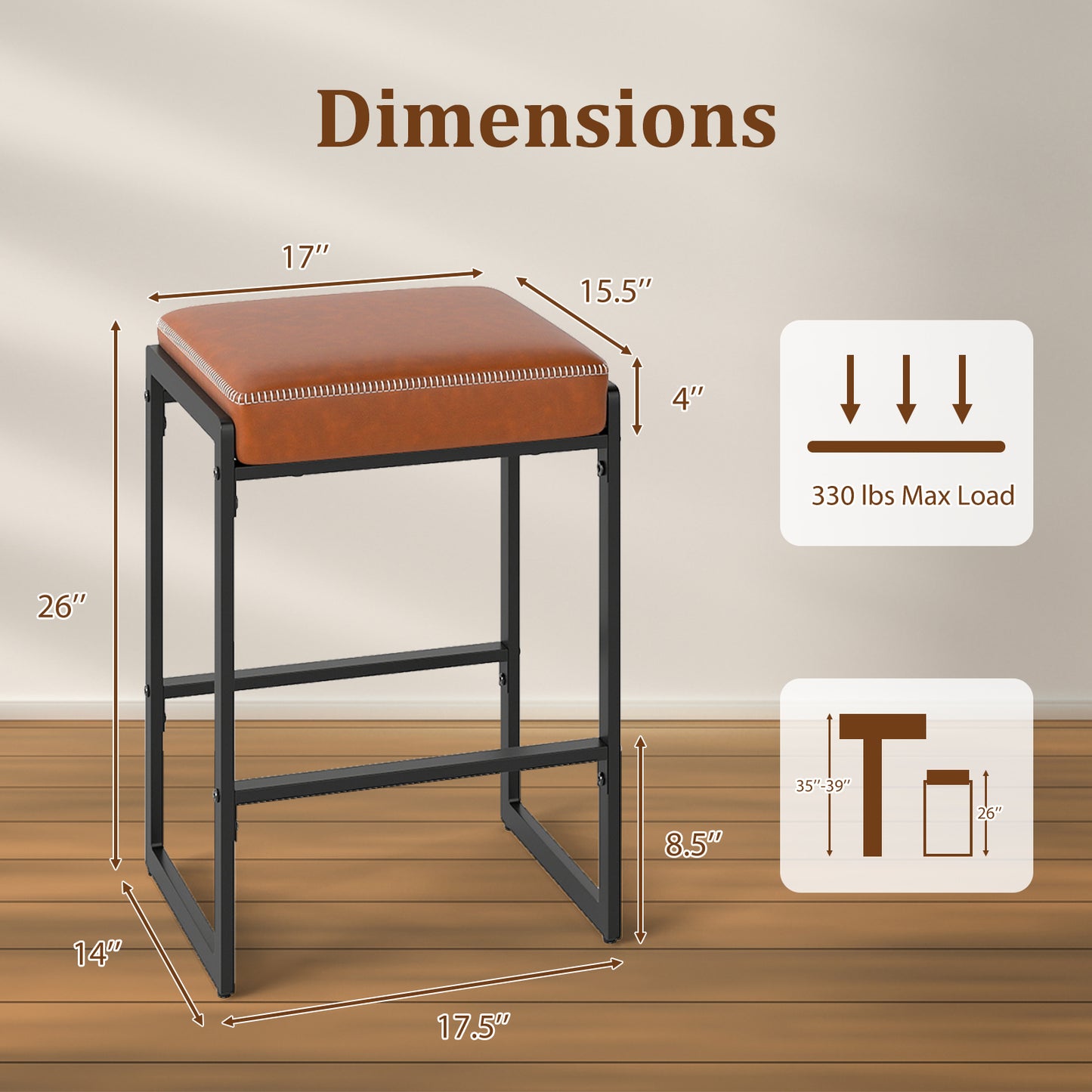 26 Inch Counter Bar Stools Set of 2, Faux Leather, Brown Bar Stools at Gallery Canada