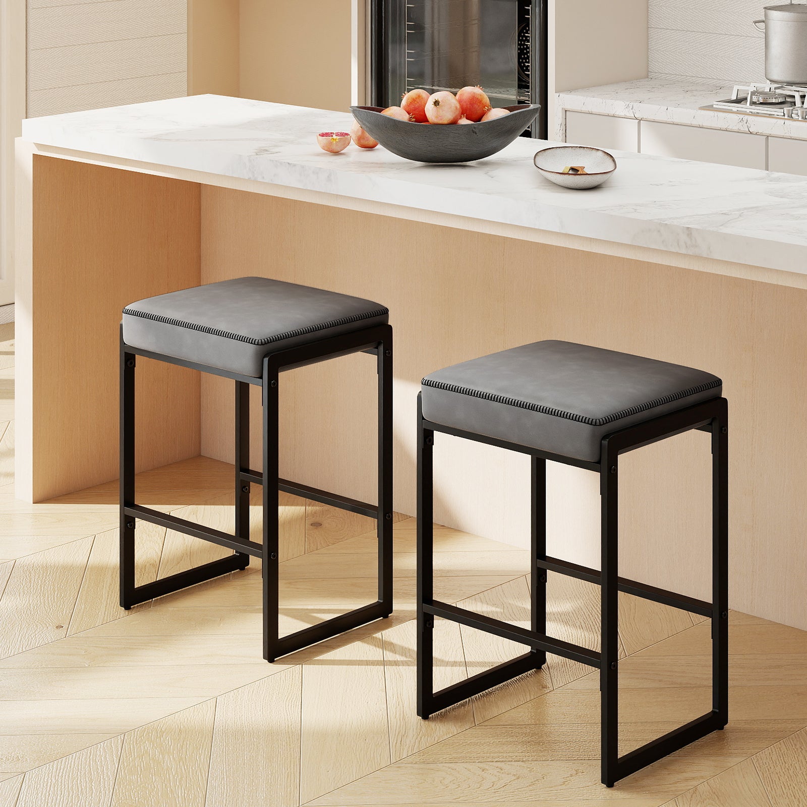 26 Inch Bar Stools Set of 2, Faux Leather Upholstered Seat, Gray Bar Stools at Gallery Canada
