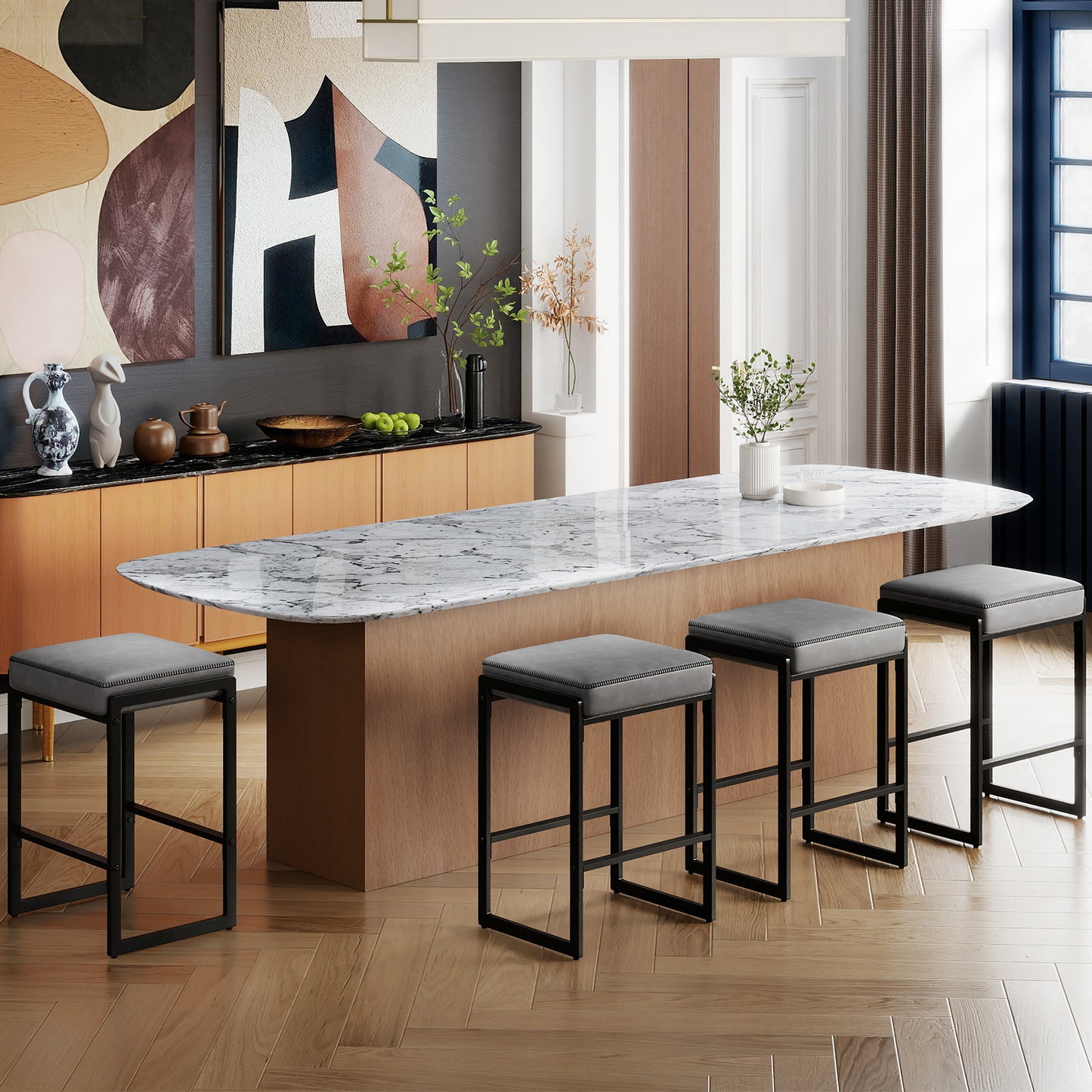 26 Inch Bar Stools Set of 2, Faux Leather Upholstered Seat, Gray Bar Stools at Gallery Canada