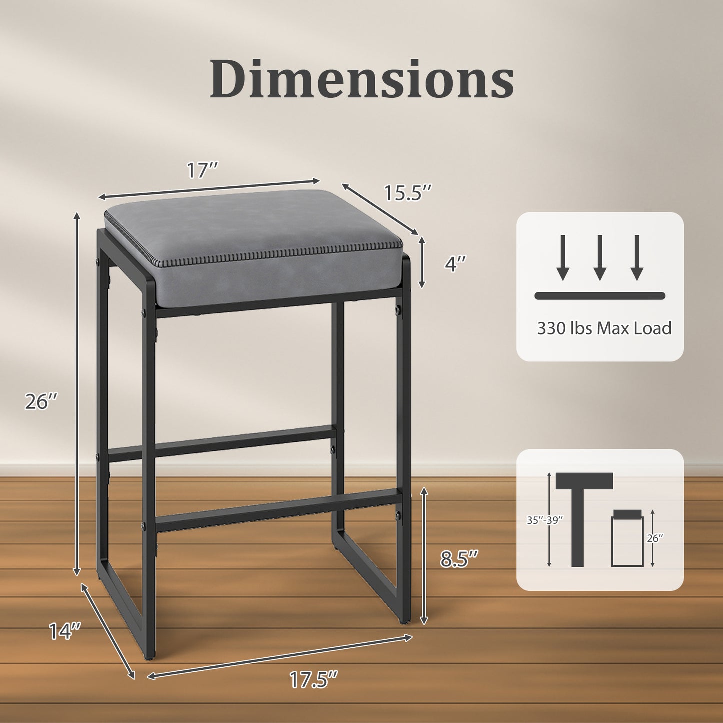 26 Inch Bar Stools Set of 2, Faux Leather Upholstered Seat, Gray Bar Stools at Gallery Canada