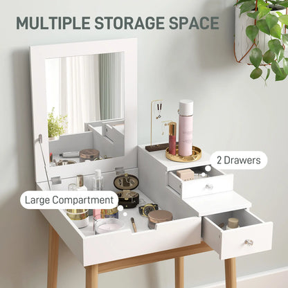 Modern Makeup Vanity Table, Flip-Up Mirror, 2 Drawers, White