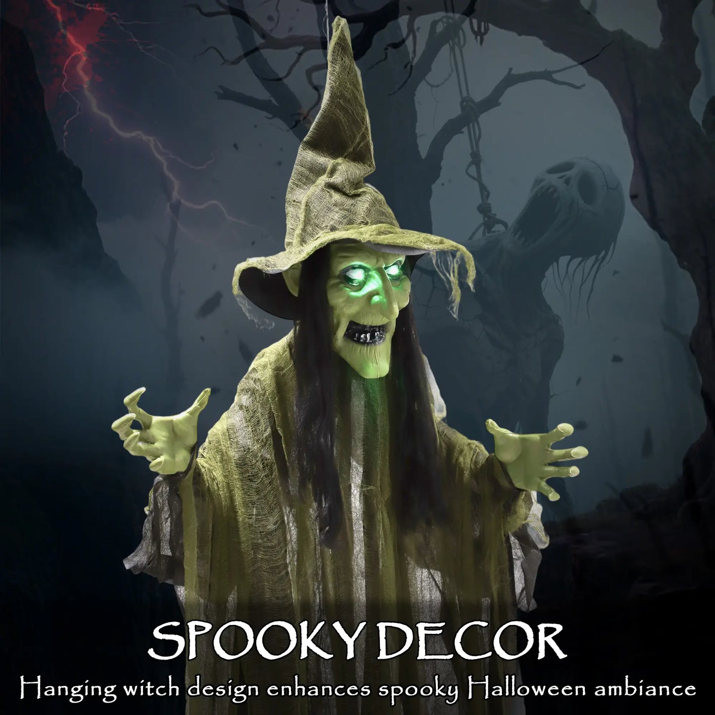 Animatronics Hanging Witch, Voice Activated, Flashing Eyes, Green Halloween Decorations at Gallery Canada