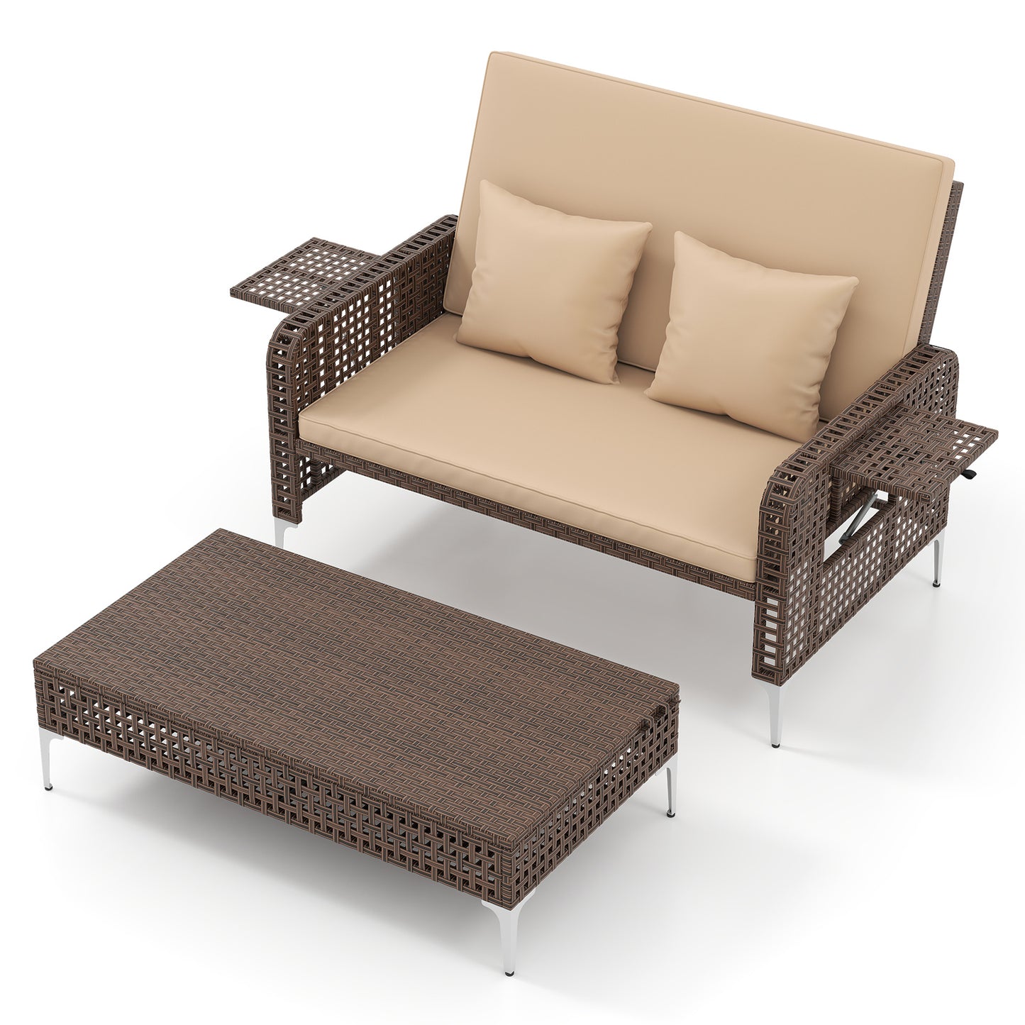 2 Piece Patio Rattan Daybed Wicker Loveseat and Ottoman with Adjustable Backrest, Brown Outdoor Sectionals at Gallery Canada