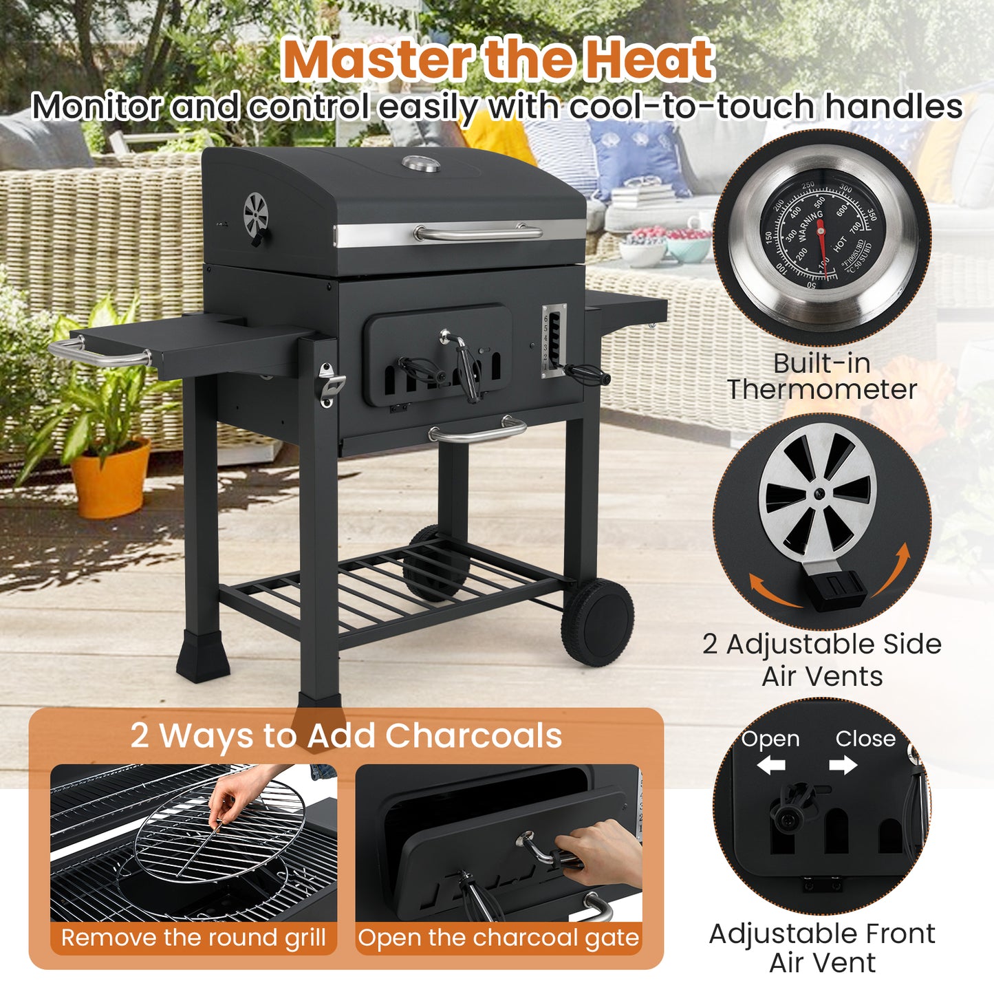 24-Inch Barrel Charcoal Grill with 2 Folding Side Tables and 544 sq.in Cooking Area, Black Outdoor Grills at Gallery Canada