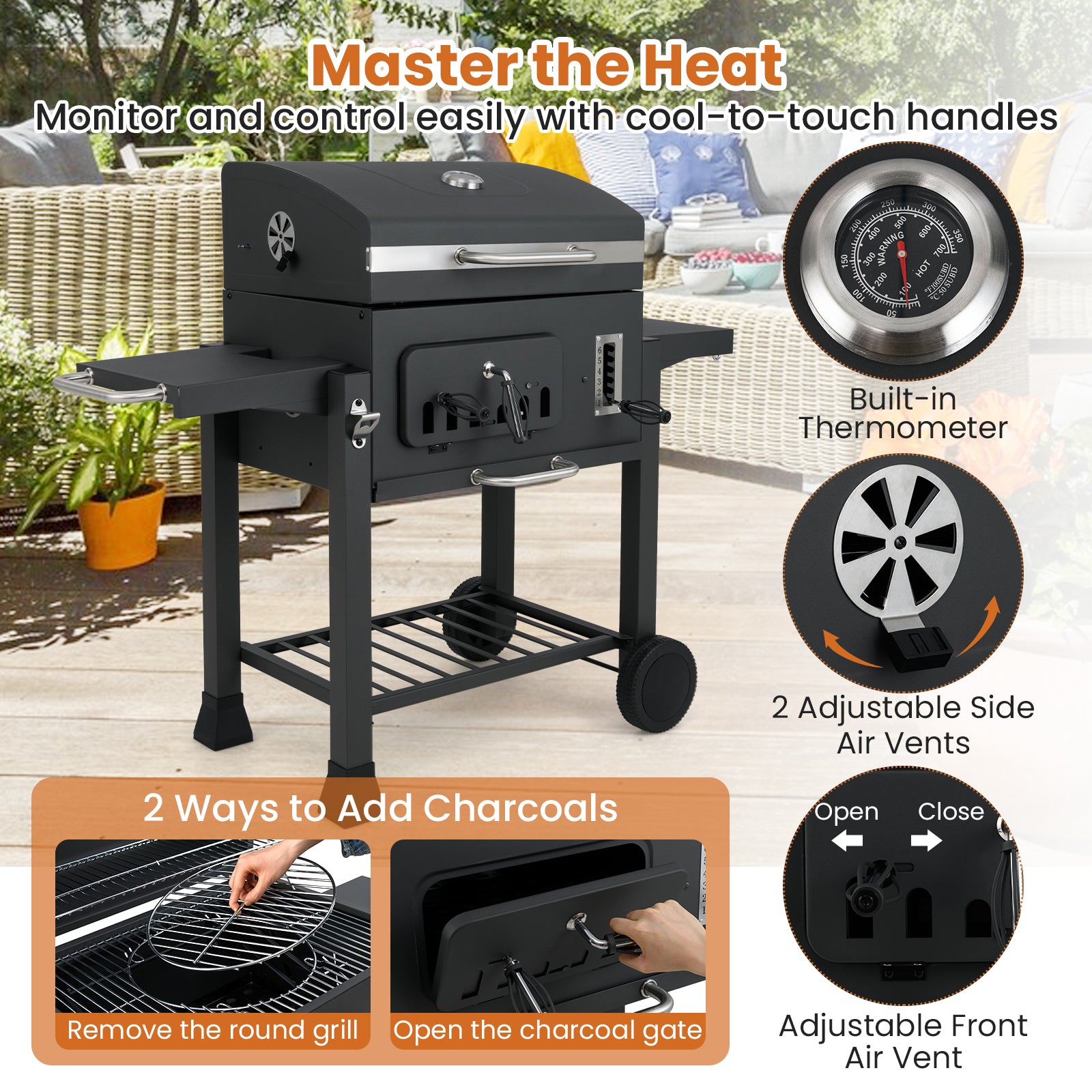 24-Inch Barrel Charcoal Grill with 2 Folding Side Tables and 544 sq.in Cooking Area, Black Outdoor Grills at Gallery Canada